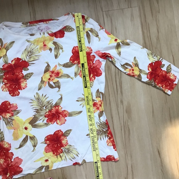 Talbots Tropical Flower Red Orange Yellow Hibiscus 100% Cotton 3/4 Sleeve Shirt - Picture 4 of 11